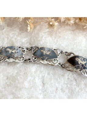 Siam Sterling Black Niello Enamel Fan Shaped Mekkalah Vintage Thai Bracelet